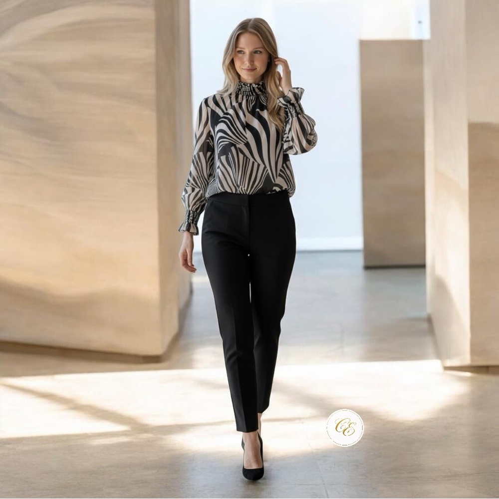 Misa Los Angeles Black & White High-Neck Printed Ruffle Blouse